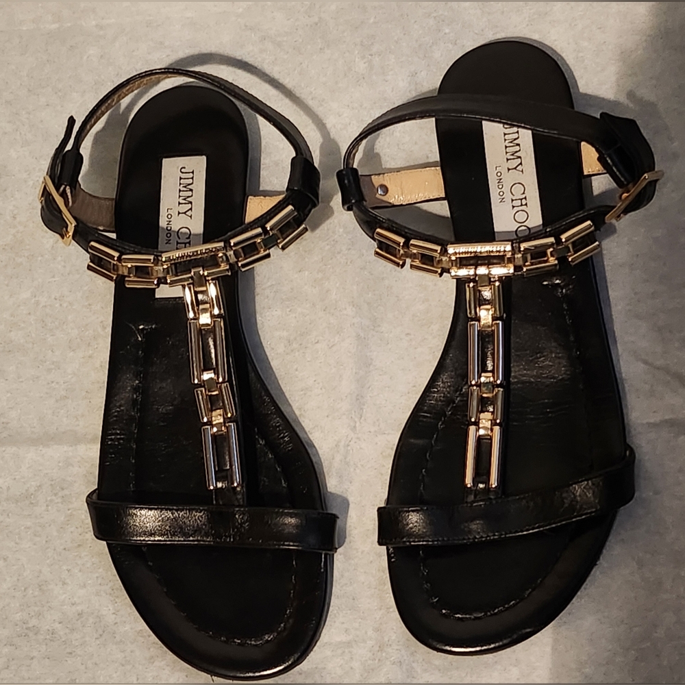NWOB Jimmy Choo Black and Gold T-Strap Sandals, Size 35.5